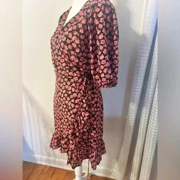 Nasty Gal Collection V Neck Rose Floral Puff Sleeve Ruffle Mini Wrap Dress - Picture 6 of 12